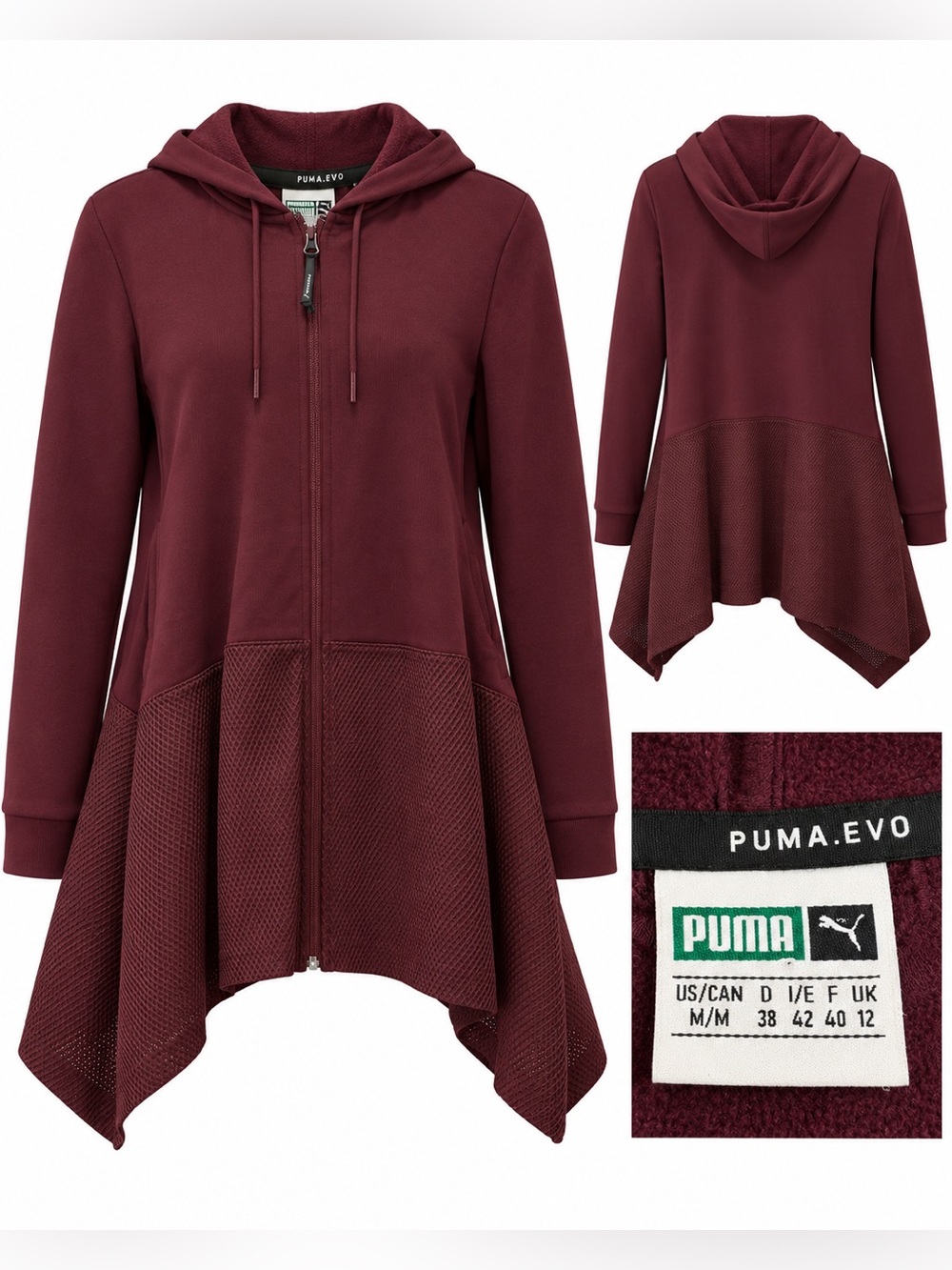 Puma EVO Women’s Burgundy Hooded Zip Jacket Asymmetrical Hem Size M